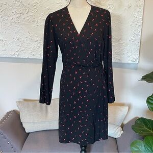 Rails Lola Metallic Cherries Wrap Dress Long Sleeve Black Red Rayon Women Sz S